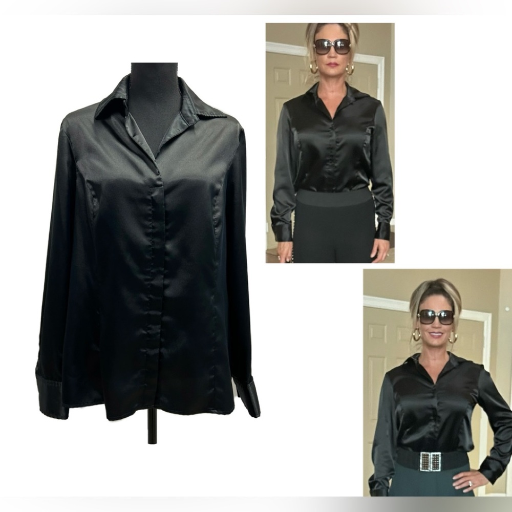 Jones New York collection black satin long sleeve button front blouse stretch 14
